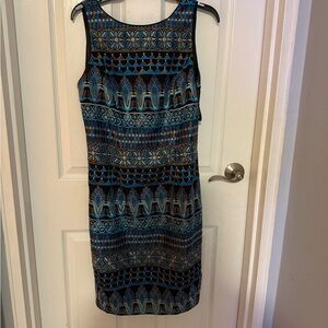 White House Black Market Blue and Black Geometric Midi Dress